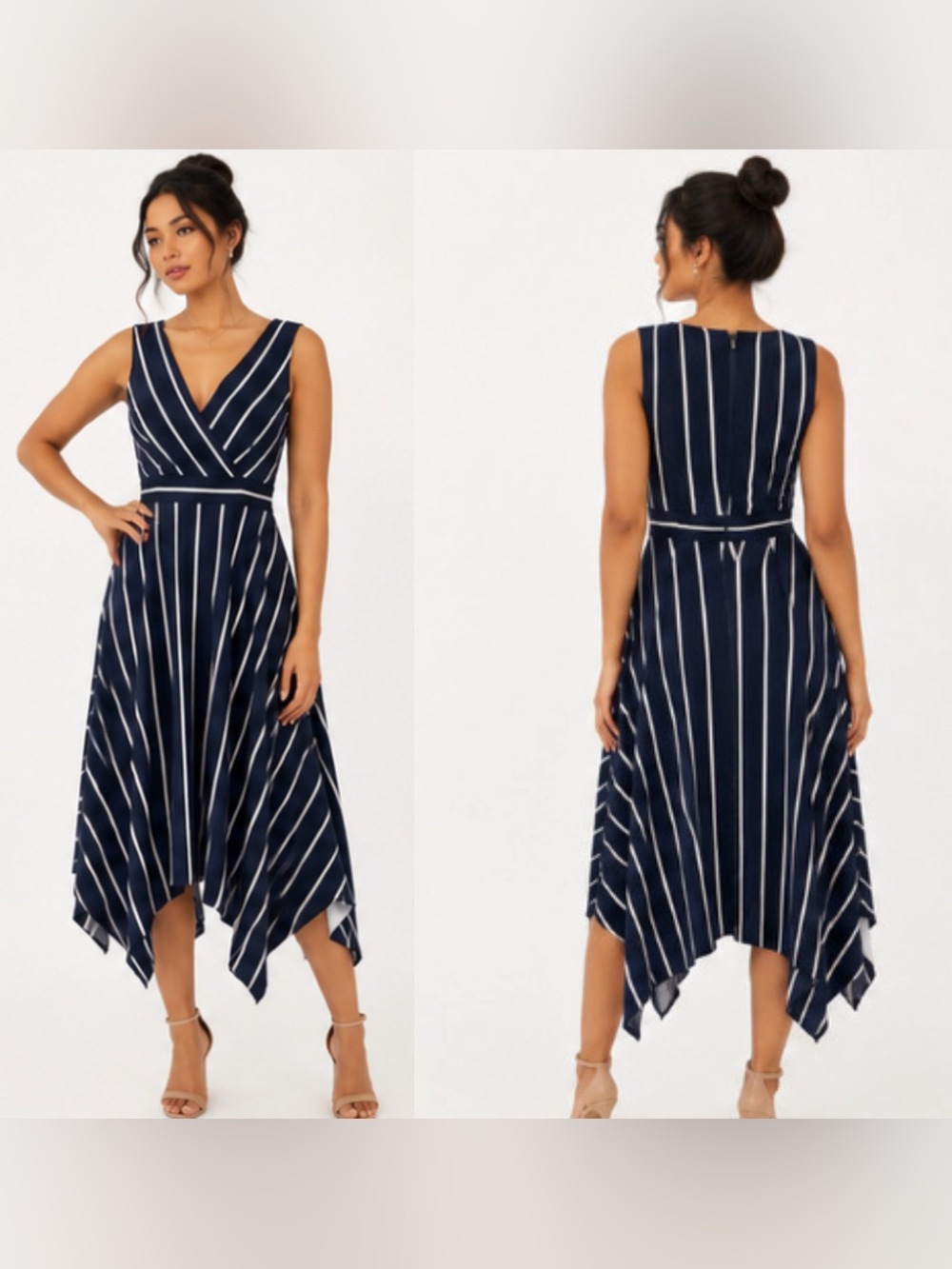 Jessica Howard Navy and White Striped V-Neck Handkerchief Hem Dress